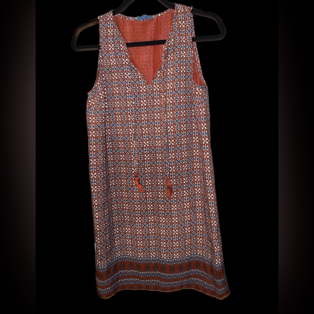 Anthropologie Fleur Bleue Orange Pattern Tassel Tie Sleeveless Shift Dress 2